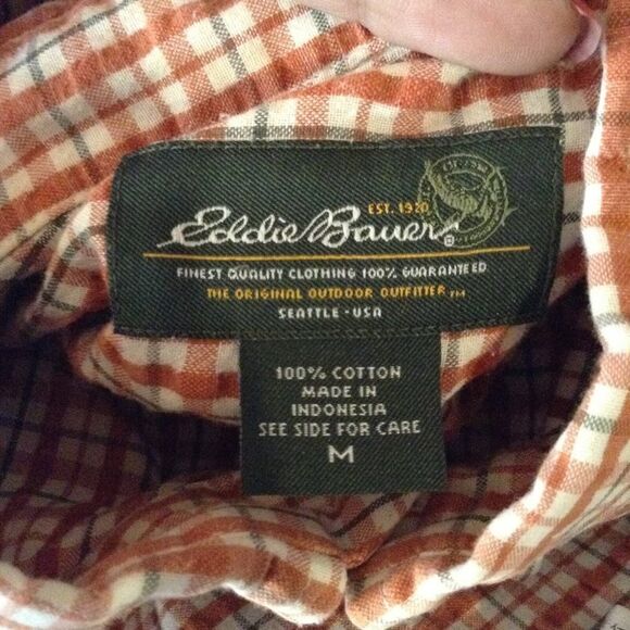 Eddie Bauer Orange Plaid Checkered Button Down Short Sleeve Men Shirt Medium - Picture 7 of 15